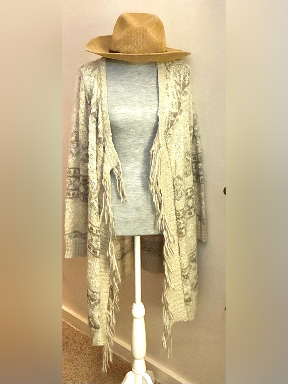 American  Rag Boho Fringe Crochet  Open-Front Knit Cardigan Sweater -